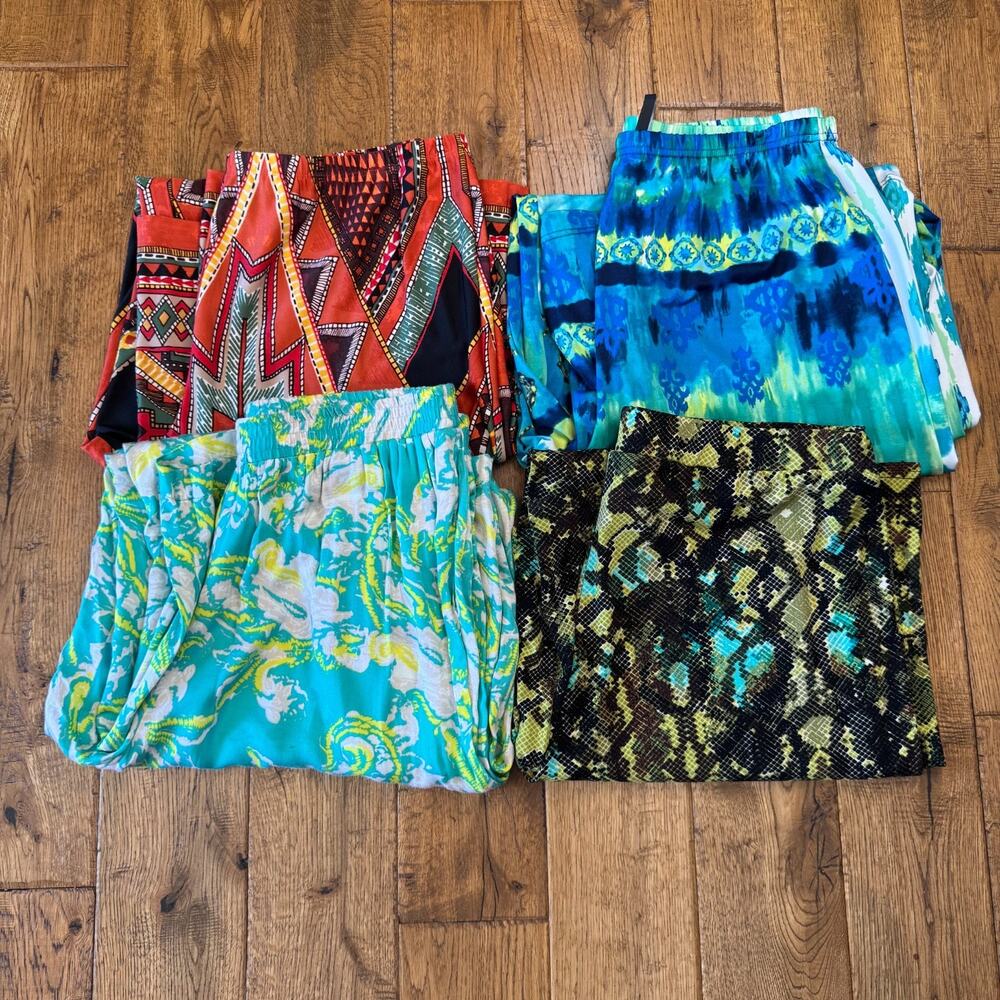 Lot of 4 Womens L/XL Palazzo Pants Boho Tribal Print Elastic Waist Wide Leg